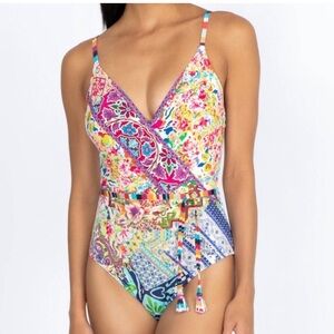 Johnny Was Locita Wrap One Piece Swimsuit Floral Patchwork Swimsiut NWT